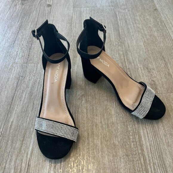 Womens Top Moda Black Rhinestone Block Heels - 6.5 - Picture 1 of 10